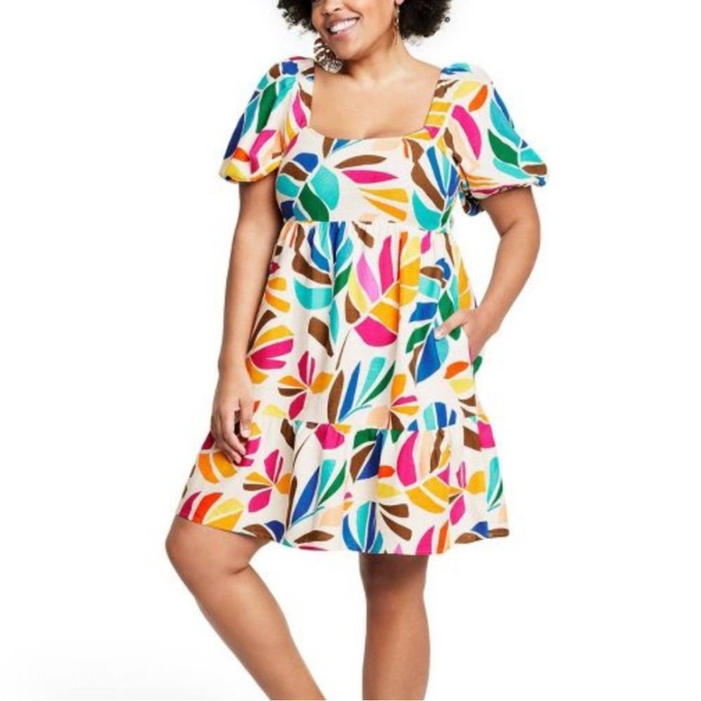 Tabitha Brown Target Multicolor Botanical Print Puff Sleeve Mini Dress